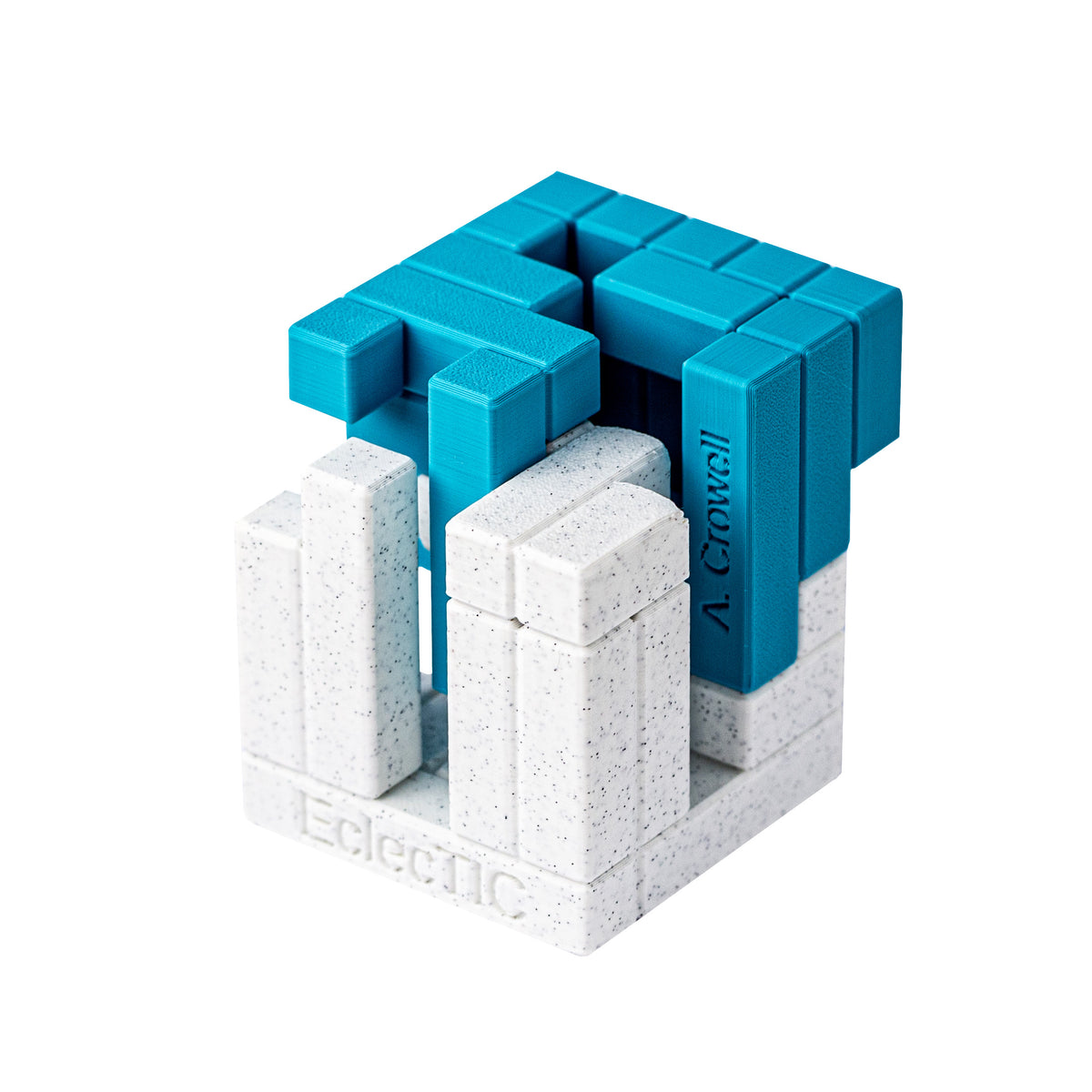 EclecTIC | Two-Piece Cube Puzzle — 3D-printed pieces shown at an angle.