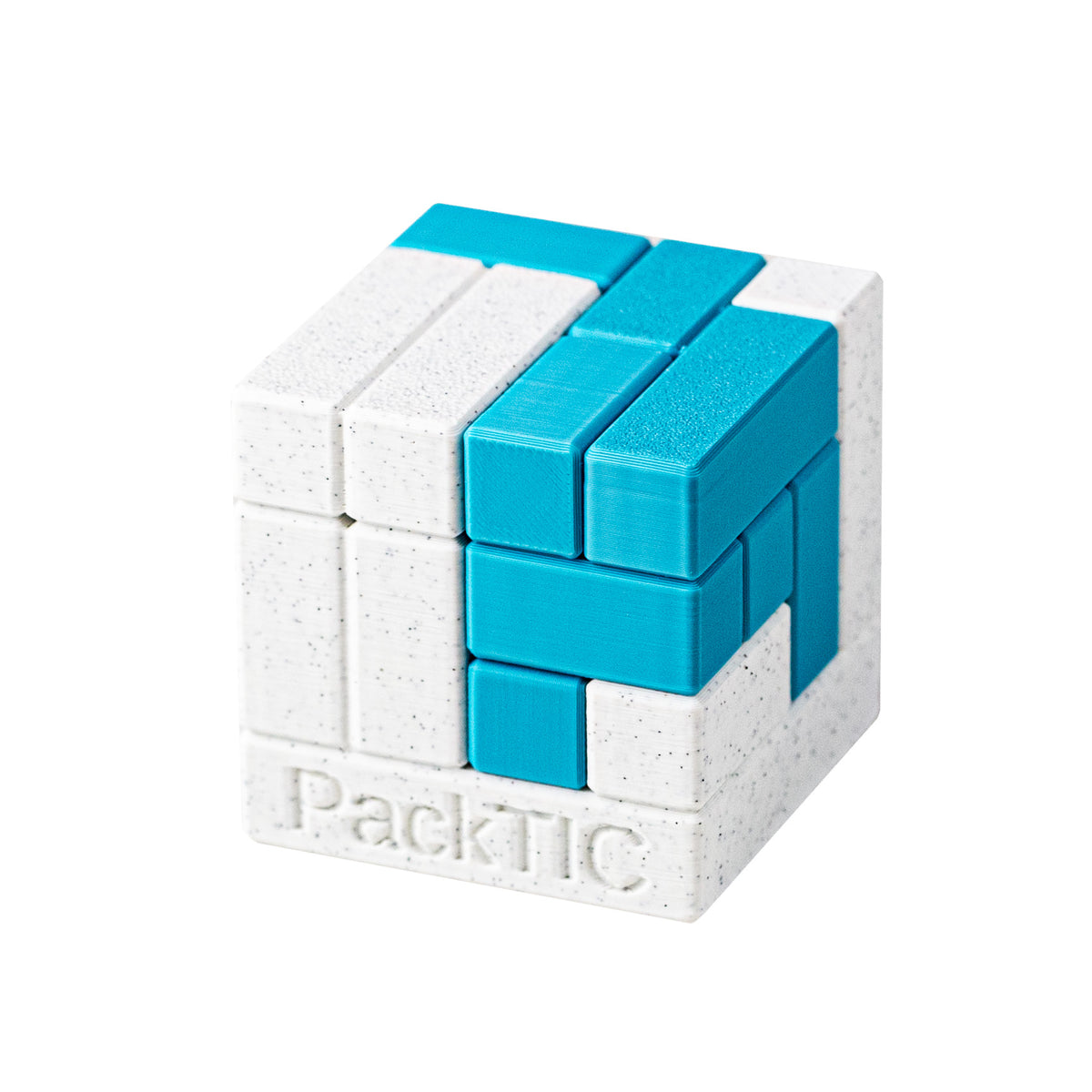 PackTIC 1 | Turning Interlocking Cube Puzzle — 3D-printed pieces shown at an angle.