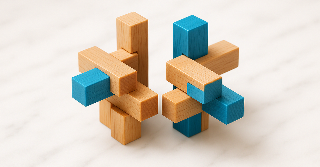 An Altekruse puzzle split into two halves slid apart in opposite directions