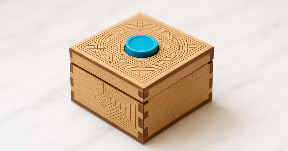A laser-engraved wooden escape-room puzzle box with a dial