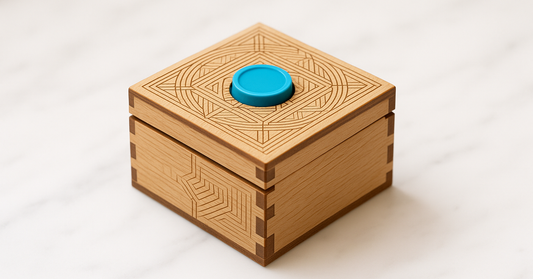 A laser-engraved wooden escape-room puzzle box with a dial