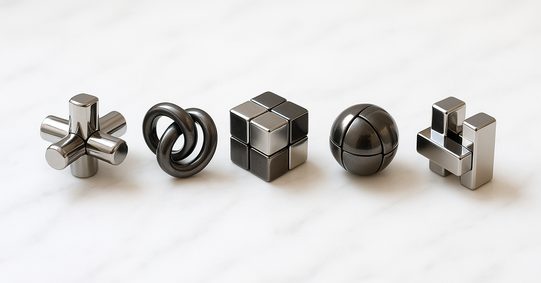 A row of five cast metal puzzles in different interlocking shapes