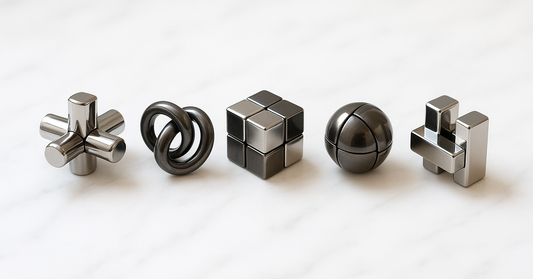 A row of five cast metal puzzles in different interlocking shapes
