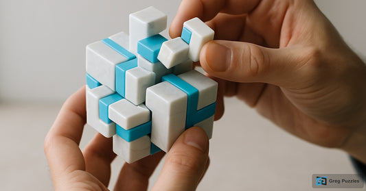 Adult hands solving a 3D-printed mechanical interlocking cube puzzle in marble white and turquoise — Greg Puzzles