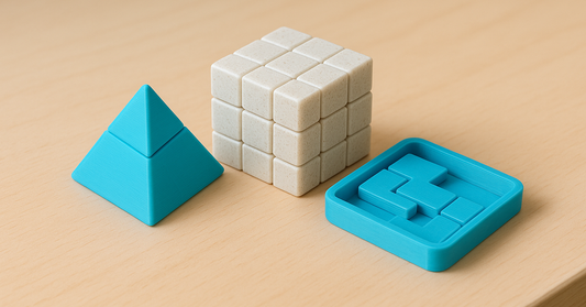 Three small mechanical puzzles grouped on a pale wooden desk: a two-piece pyramid, a cube and a tray puzzle