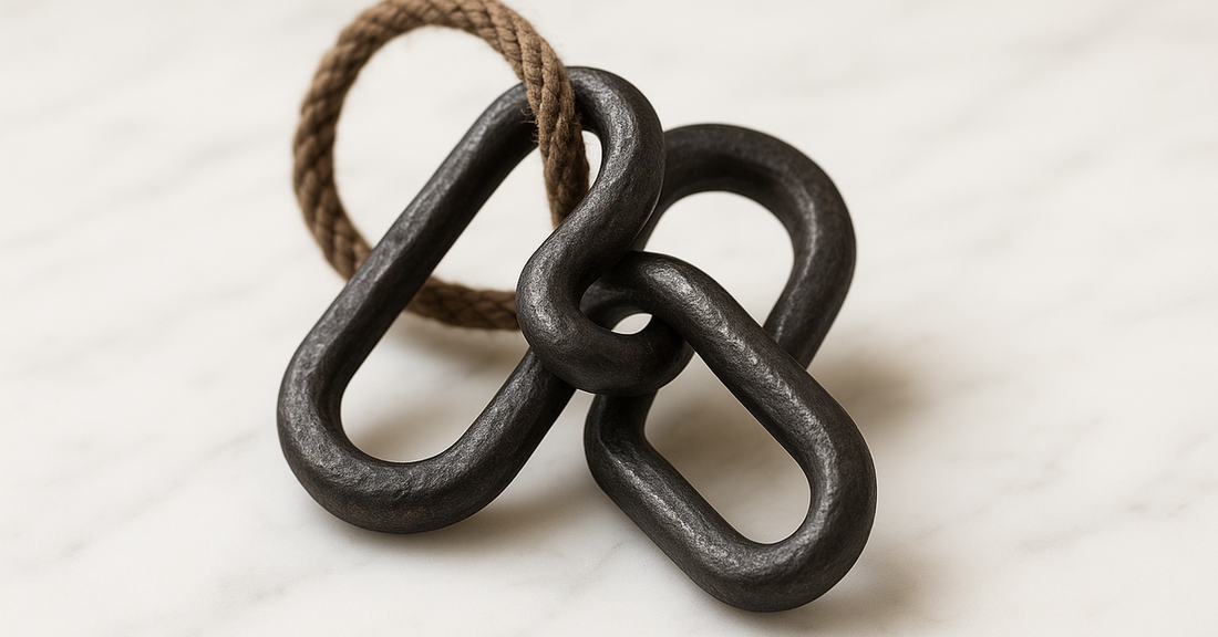 Two interlocked forged iron puzzle pieces with a cord loop