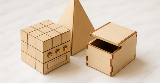 Wooden birch escape-room puzzle boxes: a cube with brass dials, a pyramid, and an open box