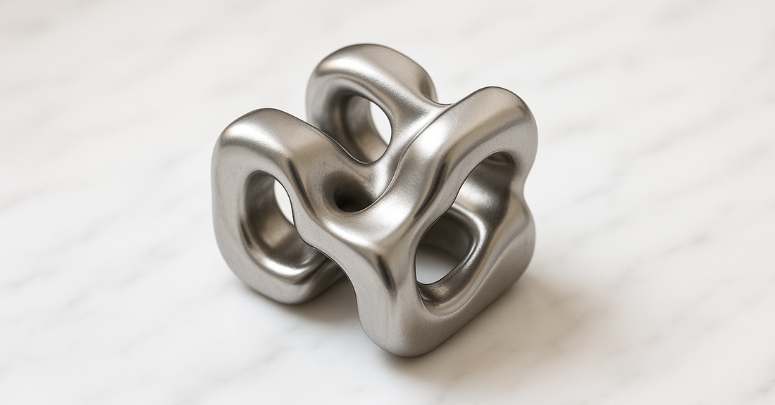 Two interlocked cast metal puzzle pieces with flowing curves