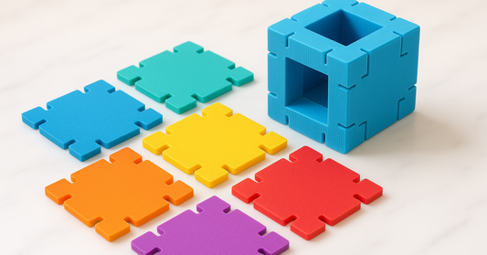Happy Cube: flat foam tiles with tabs, beside a completed hollow cube