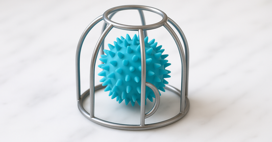 A spiked ball inside a metal cage, with one gap wider than the rest