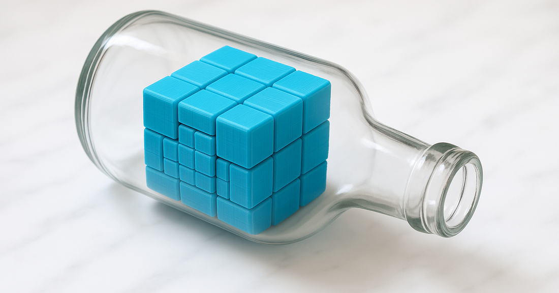 An impossible bottle: a cube sealed inside a bottle, far wider than its neck