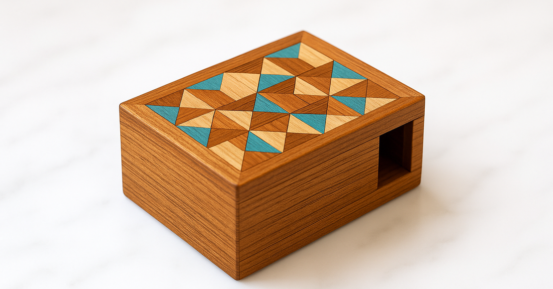 A Japanese puzzle box with geometric marquetry and one panel slid open