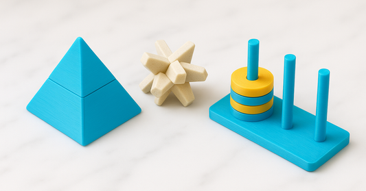 Three beginner mechanical puzzles on marble: a two-piece pyramid, a six-piece star, and a three-peg Tower of Hanoi