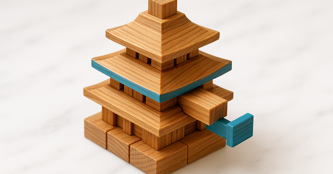 A kumiki pagoda in wood with one notched piece drawn out