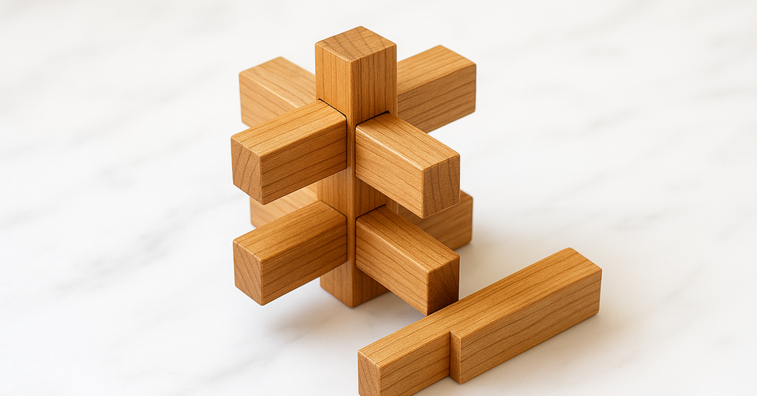 A Luban lock: six notched wooden sticks interlocked into a cross
