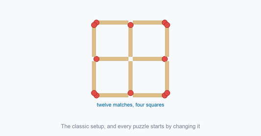 Twelve matchsticks arranged as a two-by-two grid of four squares