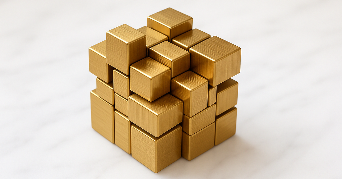 A Mirror Cube: all one gold colour with blocks of different sizes