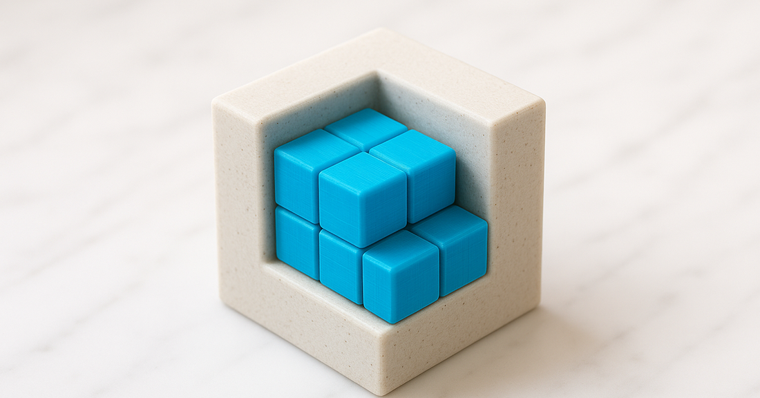 A cubic puzzle box with its upper corner cut away, packed with blue cubic pieces visible through the opening