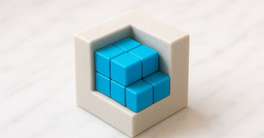 A cubic puzzle box with its upper corner cut away, packed with blue cubic pieces visible through the opening