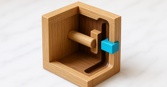 A cutaway puzzle box showing the hidden pin and latch inside