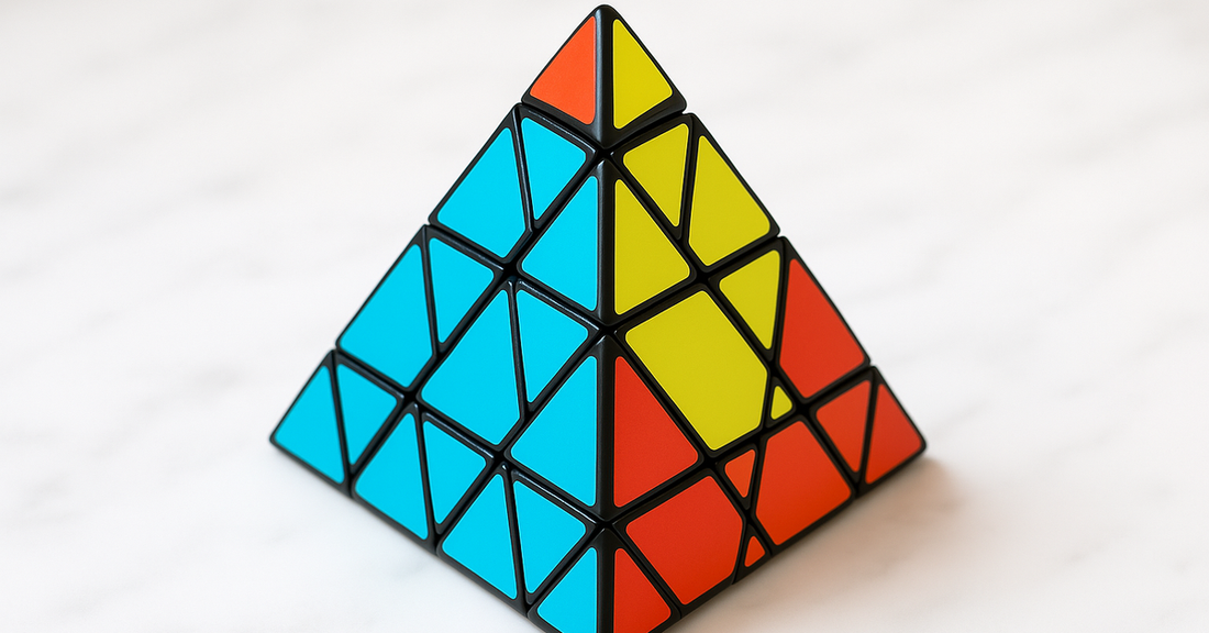 A Pyraminx: a tetrahedral twisty puzzle with its apex tip turned out of line