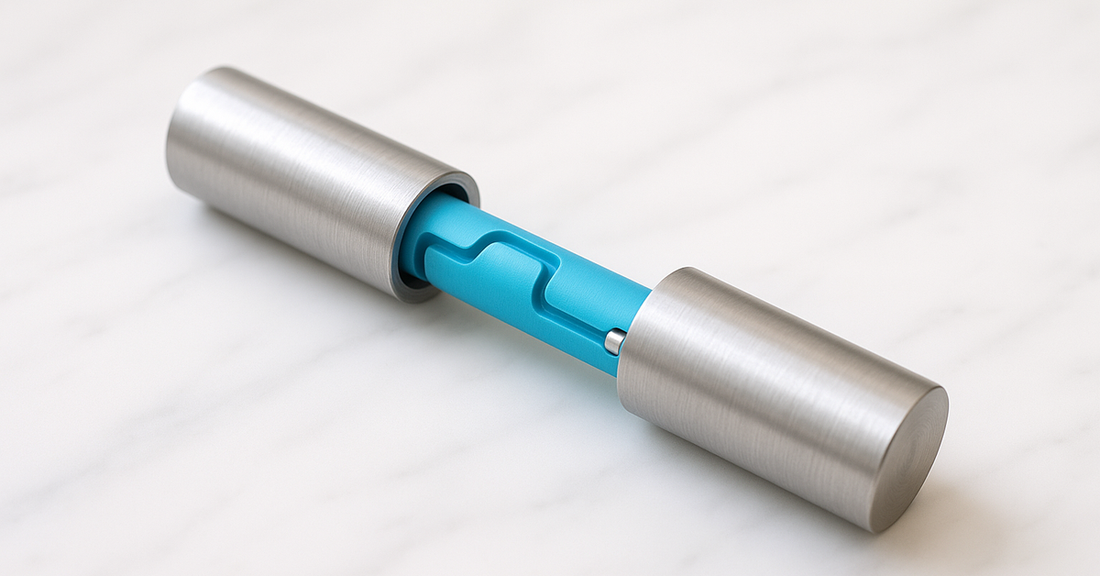 A Revomaze-style cylinder opened to show the maze groove cut into the inner shaft