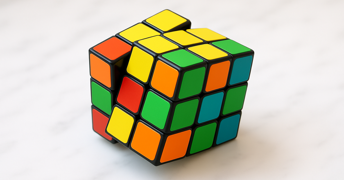 A six-sided twisty cube caught mid-rotation