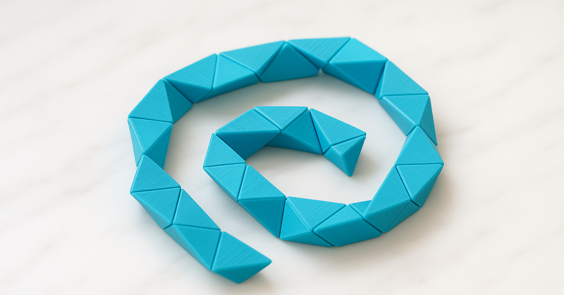 A Rubik's Snake: twenty-four triangular wedges twisted into a zigzag