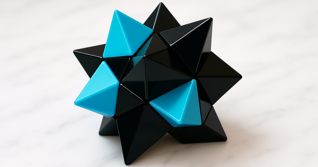 A Shashibo part-folded from a cube into an angular star solid