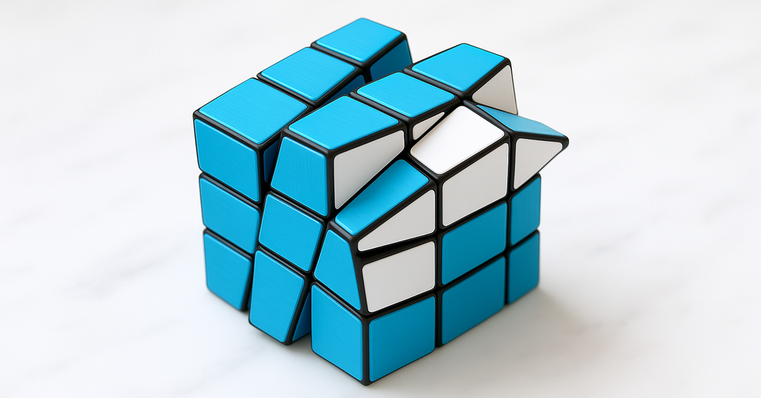 A Square-1 turned out of cube shape, showing kite and triangle pieces
