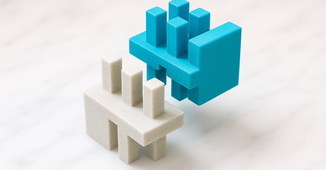 Two-piece turning interlocking cube pulled apart, showing the interleaving prongs of each half