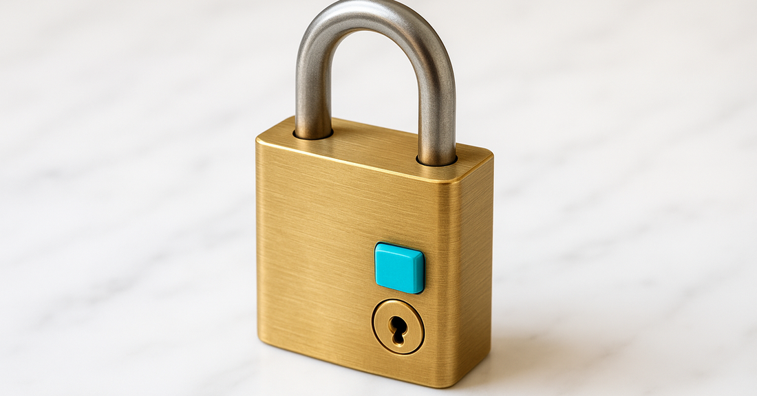 A brass puzzle padlock with a hidden sliding stud in its body