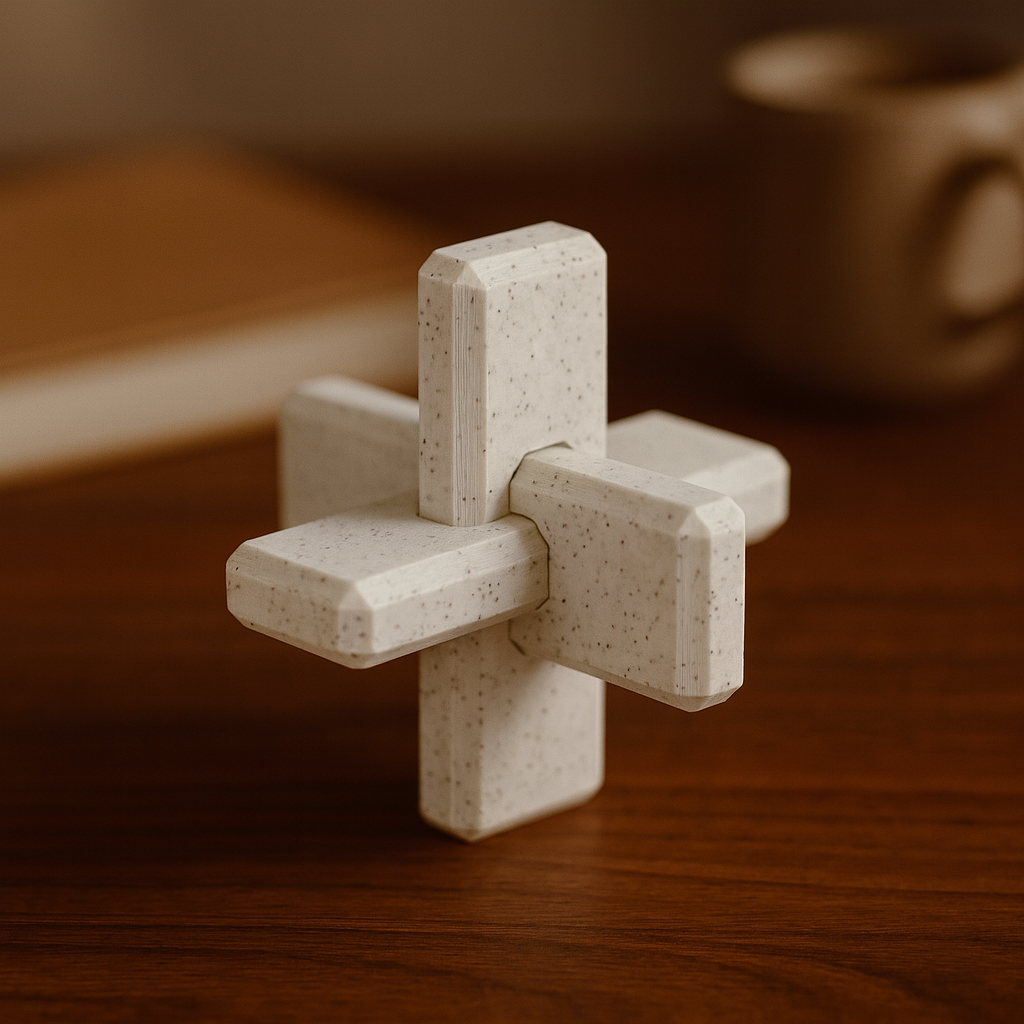 3-Piece Cross Puzzle mechanical puzzle on wooden desk