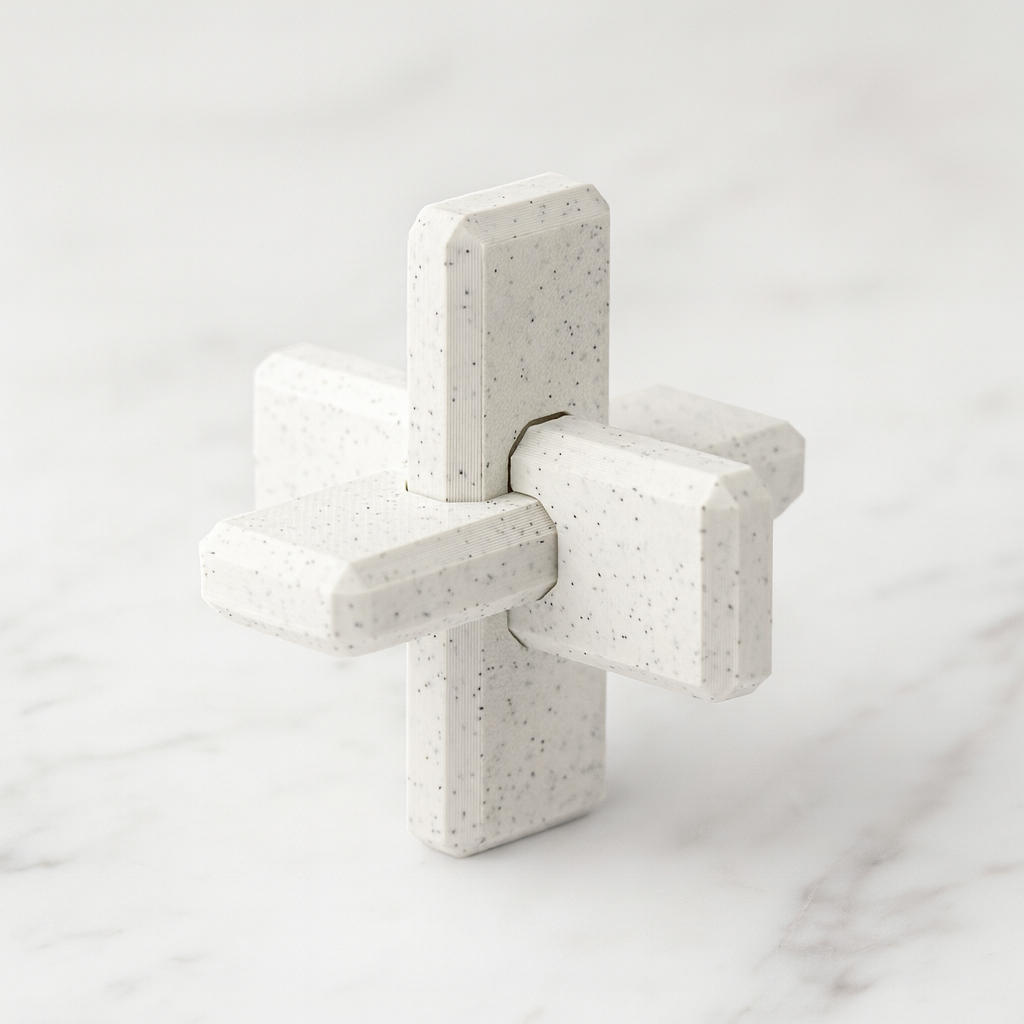 3-Piece Cross Puzzle mechanical puzzle on white marble surface
