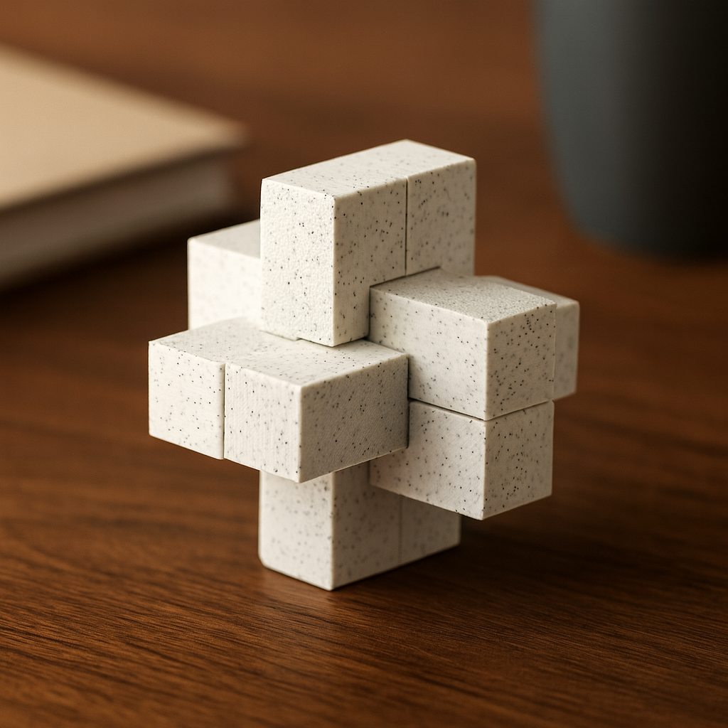 6-Piece Cross Puzzle mechanical puzzle on wooden desk