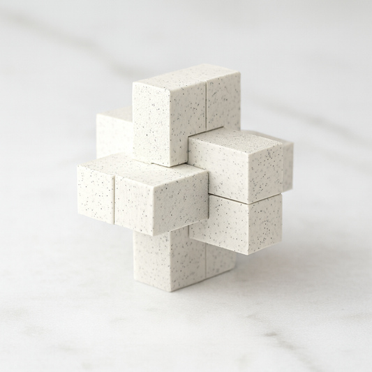 6-Piece Cross Puzzle mechanical puzzle on white marble surface