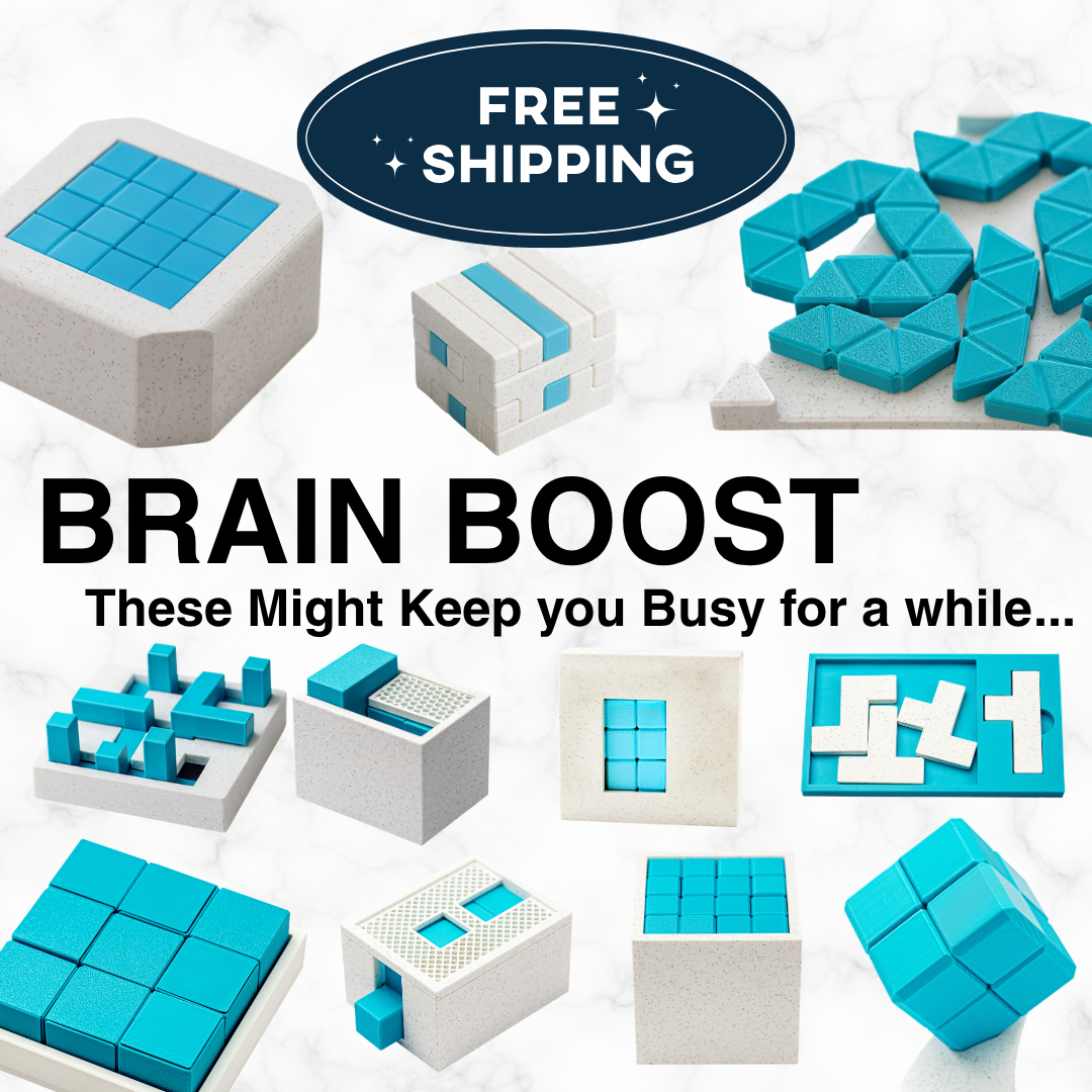 BRAIN BOOST Bundle Collection - Buy 10 Get 1 FREE! showing colorful 3D-printed puzzle cubes and mechanical pieces arranged