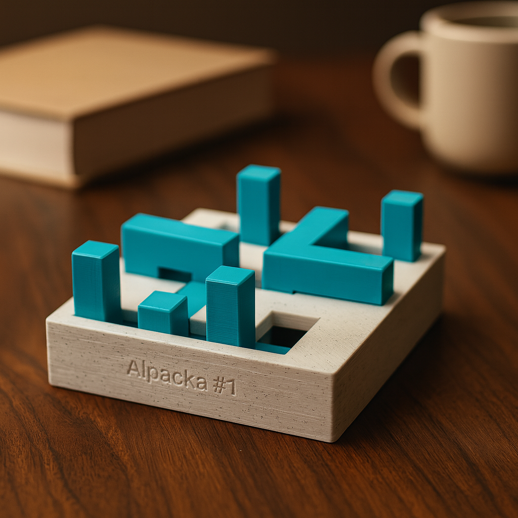 Alpacka 1 mechanical puzzle on wooden desk