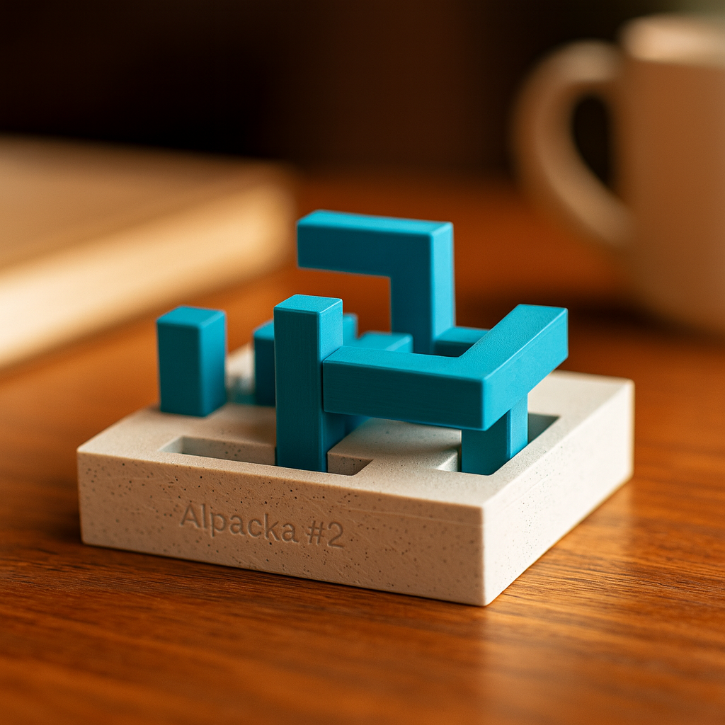 Alpacka 2 mechanical puzzle on wooden desk