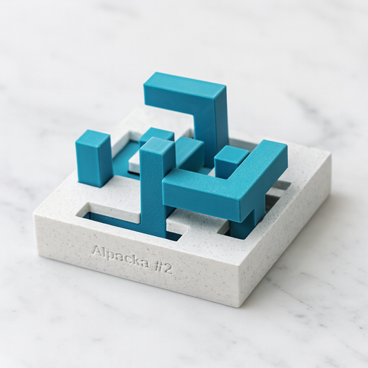 Alpacka 2 mechanical puzzle on white marble surface
