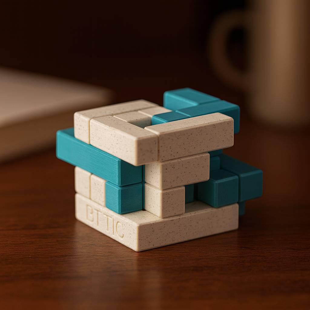 BT TIC mechanical puzzle on wooden desk