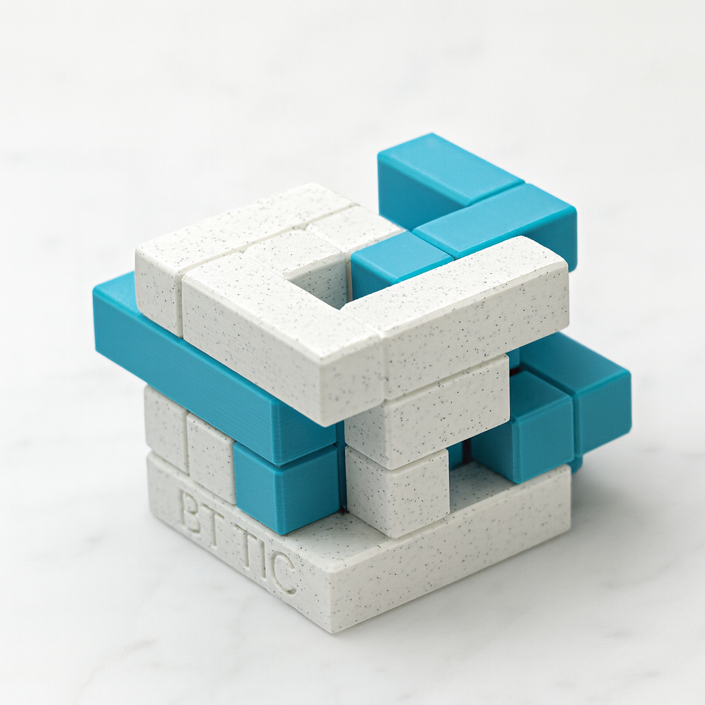 BT TIC mechanical puzzle on white marble surface