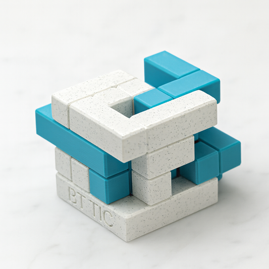 BT TIC mechanical puzzle on white marble surface