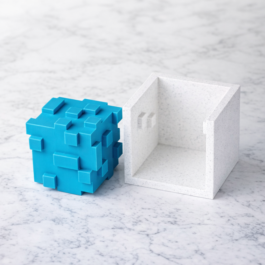 Bumpy mechanical puzzle on white marble surface