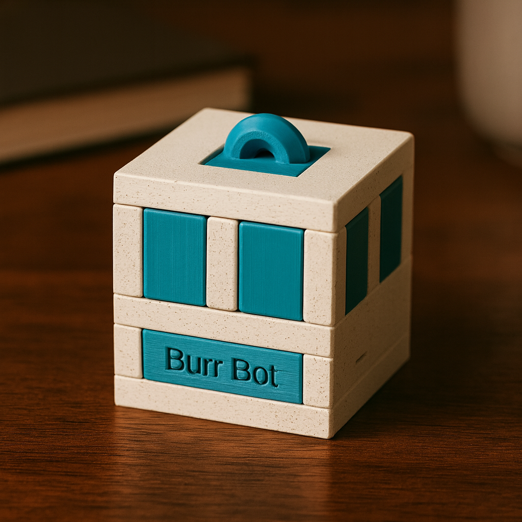 Burr Bot mechanical puzzle on wooden desk