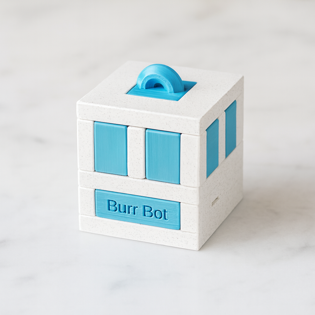Burr Bot mechanical puzzle on white marble surface