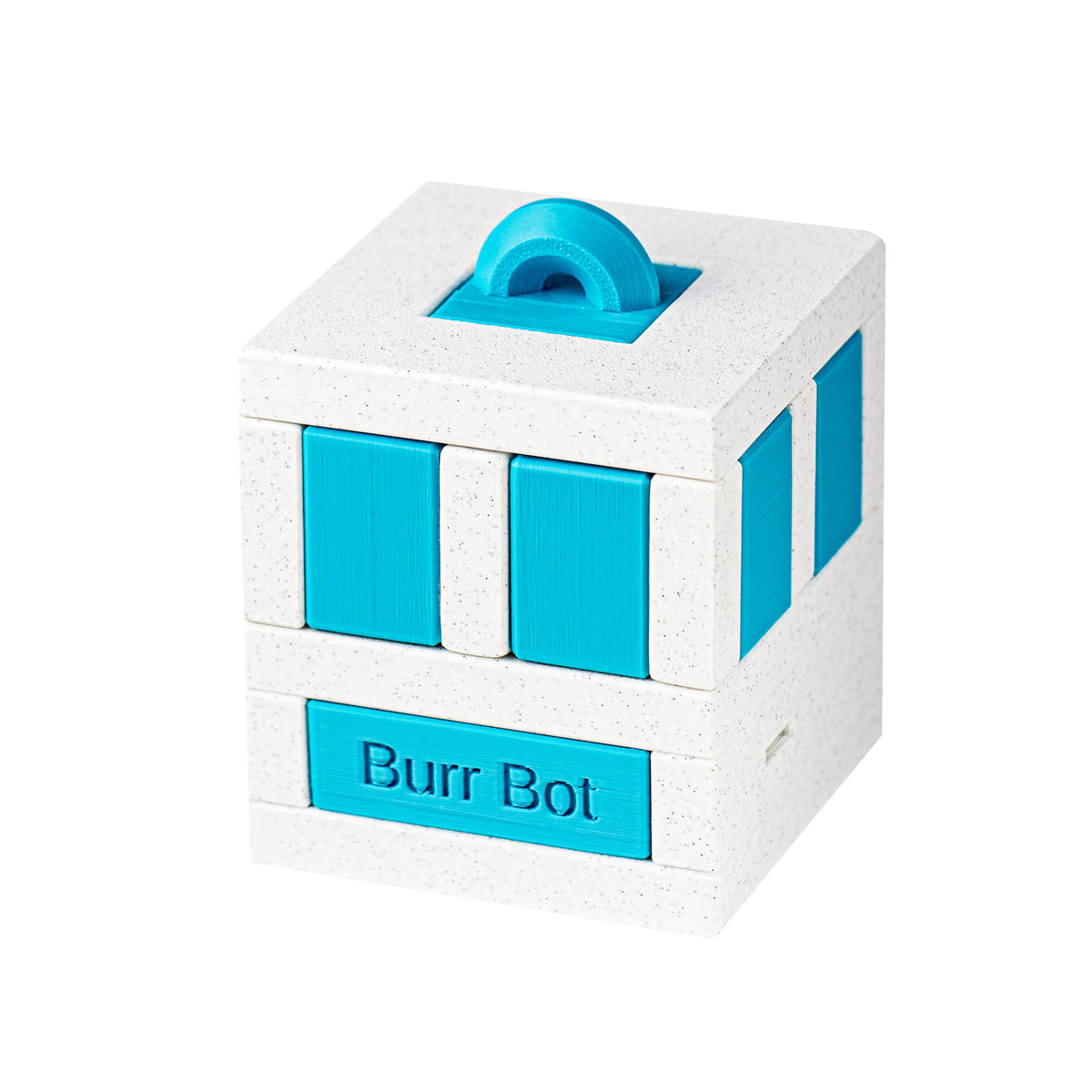 Burr Bot sequential discovery puzzle by Andrew Crowell, white and turquoise 3D printed cube with engraved name