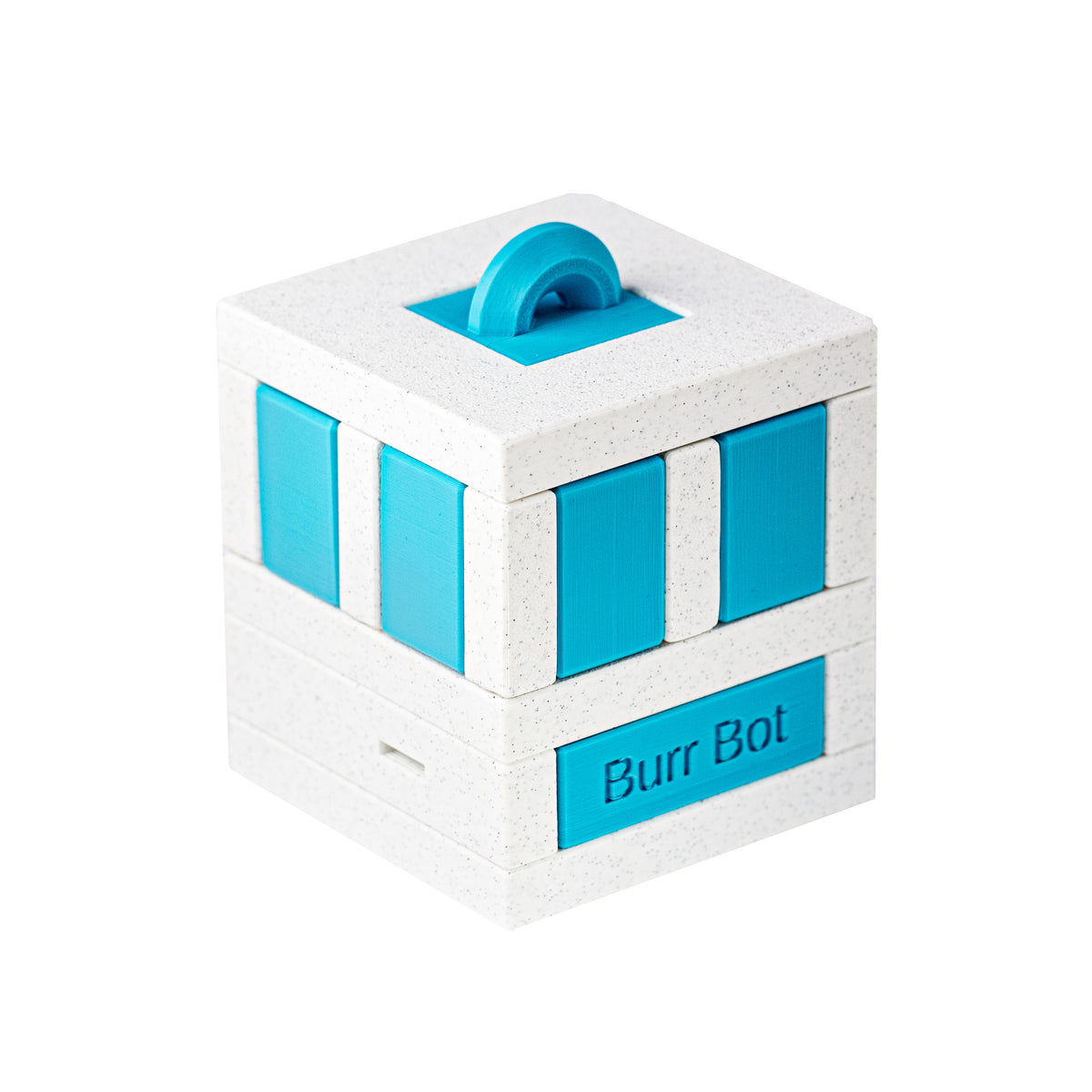 Burr Bot puzzle cube shown from a second angle with the arch-shaped handle on top