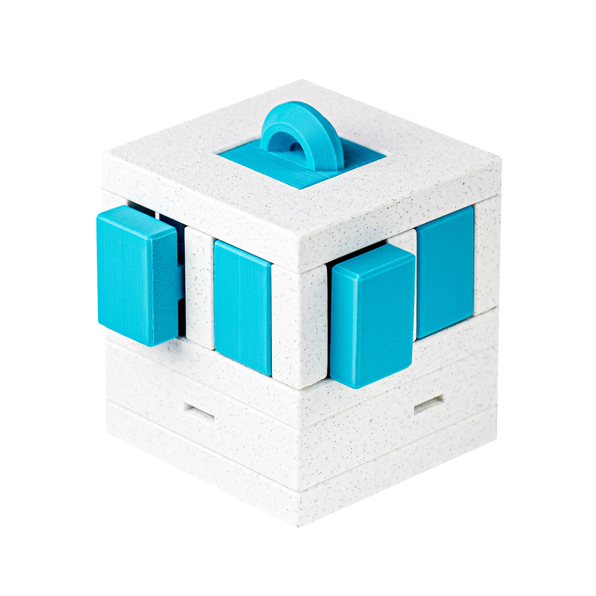 Burr Bot puzzle with its turquoise burr sticks slid outward, showing the interlocking mechanism