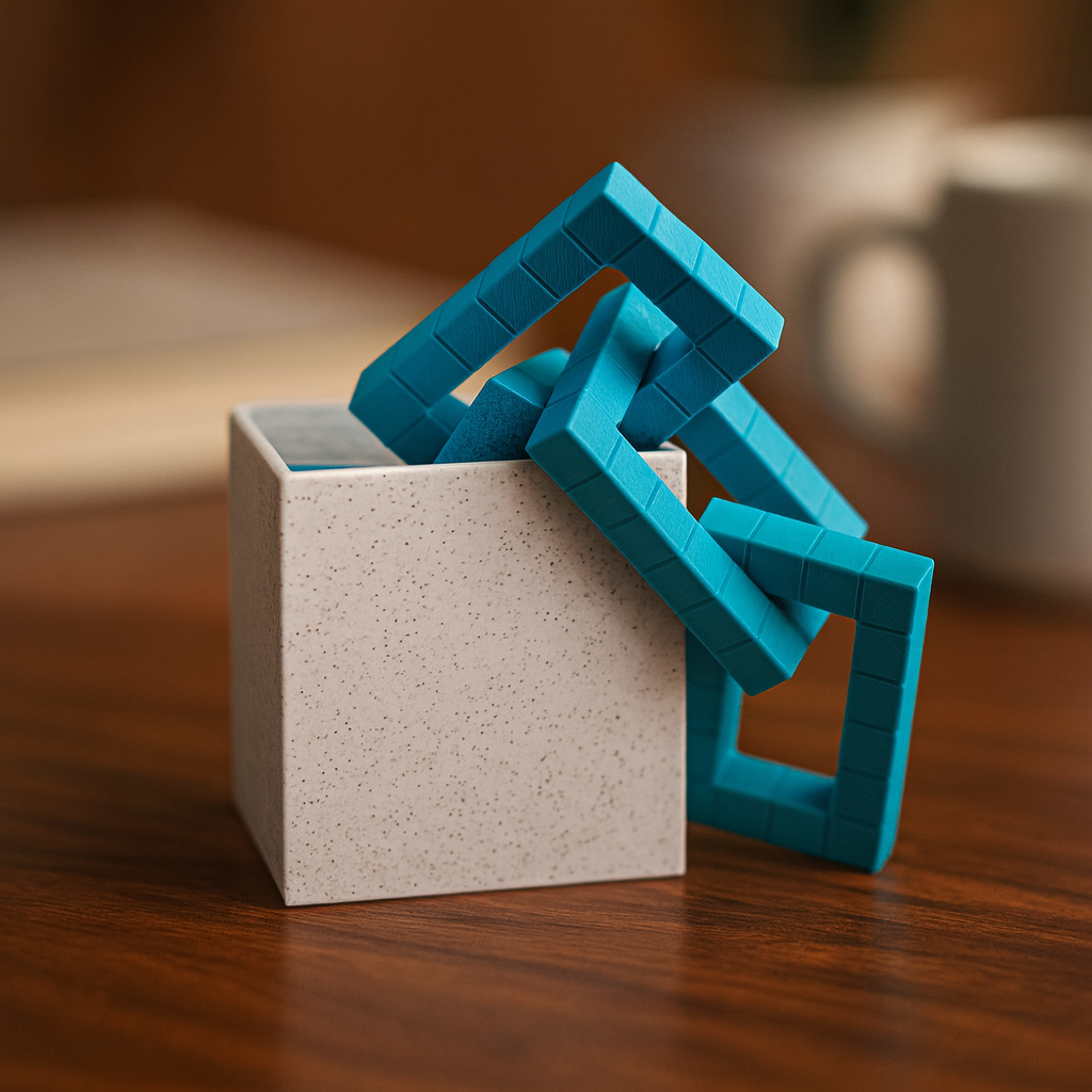 Chain Store Puzzle mechanical puzzle on wooden desk